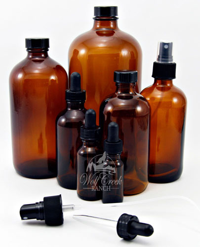 Amber bottles - 1 oz. dropper; 4 oz. dropper; 8 oz. 8 oz. mister; 16 oz.; 32 oz.