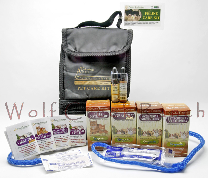 Natural Feline Health Care Kits are excellent for cat and kitten health.  The organic Feline Health Care Kit contains:  Kitty-DT (aka Kitty Distempaid), Vibactra Plus, Vintesta (aka Pet's Cough & Cold Formula), Life Cell Support, Kidney Rejuvenator, Urinary Tract Relief, Bandaids, a syringe and leash, all in a nice zippered travel bag.