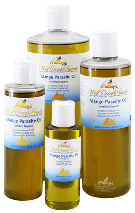 Mange Parasite Oil 4 oz., 8 oz., 16 oz. bottles.  Mange Parasite Oil calms and soothes rough irritated skin and kills mites and other skin parasites.