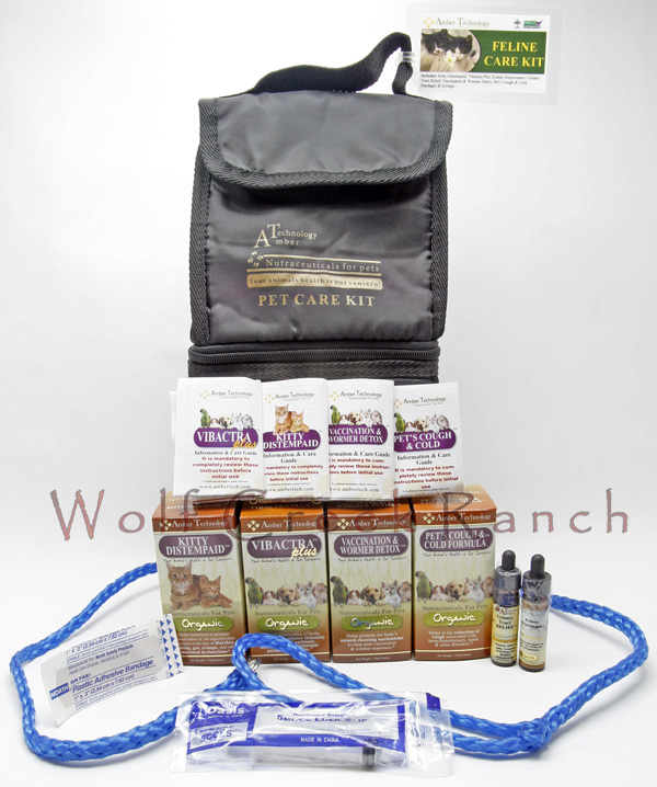 Natural Kitten Health Care Kits are excellent for cat and kitten health.  The organic Feline Health Care Kit contains:  Kitty-DT, Vibactra Plus, Vintesta, Life Cell Support, Kidney Rejuvenator, UTR, Bandaids, a syringe and leash, all in a nice zippered travel bag.