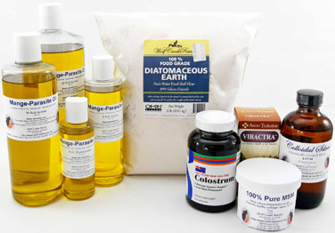 Mange Parasite Small Kits contain either 4 oz., 8 oz., 16 oz., or 32 oz. bottles of Mange Parasite Oil; 120 (500mg) capsules. of Sedona Labs New Zealand Colostrum; 3 oz. of NaturVet MSM; 1 oz. Vibactra or 8 oz. of Colloidal Silver; and 2 lbs. of Food Grade Diatomaceous Earth.